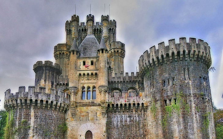 Great Castle In Spain Hdr, gray stone castle painting, castle, turrets, nature and landscapes, HD wallpaper