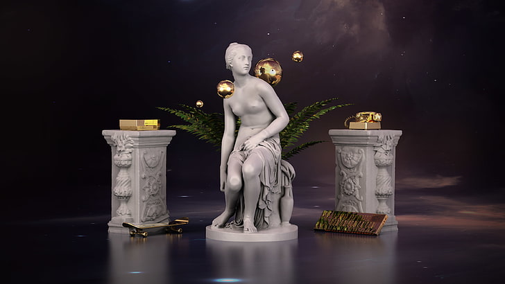 3D, space, marble, gold, Nintendo Entertainment System, skateboard, piano, Synth, phone, statue, ferns, HD wallpaper