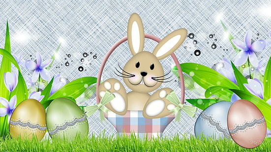 Spring Bunny Easter Eggs, coniglietto, stelle, erba, carino, fiori, primavera, pasqua, coniglio, uova, persona, 3d e astratto, Sfondo HD HD wallpaper