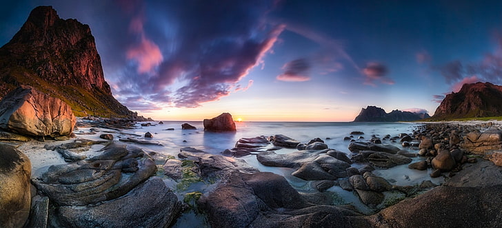 gunung batu dikelilingi oleh badan air, paparan panjang, matahari terbenam, pantai, tebing, awan, batu, laut, Norwegia, alam, lanskap, kuning, biru, pantai, Wallpaper HD