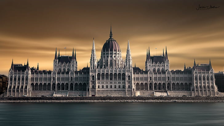 Будапеща, сграда, сграда на унгарския парламент, Унгария, Хавиер Уластрес, небе, HD тапет