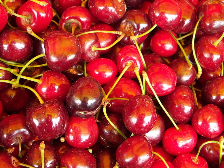 bunch of cherries, cherry, ripe, red, berry, background, HD wallpaper