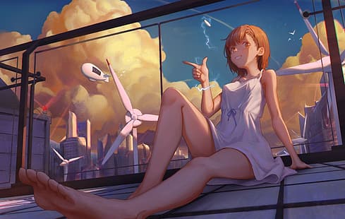 Anime Mädchen, Beine, Kleid, Lächeln, Füße, Sitzen, HD-Hintergrundbild HD wallpaper