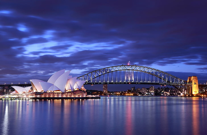 Sydney Opera House, sea, the sky, clouds, bridge, lights, the evening, lighting, Australia, Bay, Sydney, blue, Opera House, HD wallpaper
