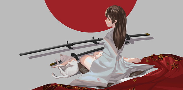 katana, japanese flag, cat, kimono, anime girls, HD wallpaper HD wallpaper