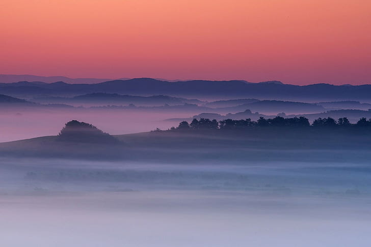 природа, фотография, пейзаж, сутрин, мъгла, долина, хълмове, розово, небе, Словакия, HD тапет