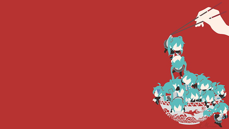 Minimalismus, Vocaloid, Hatsune Miku, Chibi, Ramen, Nekomimi, Anime Girls, roter Hintergrund, einfacher Hintergrund, Anime, HD-Hintergrundbild