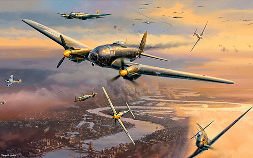 серые самолеты обои, авиация, арт, самолеты, англичане, немцы, Вторая мировая война, битва за Лондон, воздушные сражения, ВВС: Heinkel He 111 P 1, Messerschmitt Bf.109F, Supermarine Spitfire Mk.XII, HD обои HD wallpaper