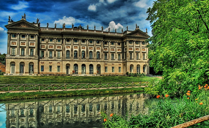 Castillo en Milán, Italia, palacio marrón, Europa, Italia, ciudad, naturaleza, árboles, castillo, lago, Milán, Fondo de pantalla HD