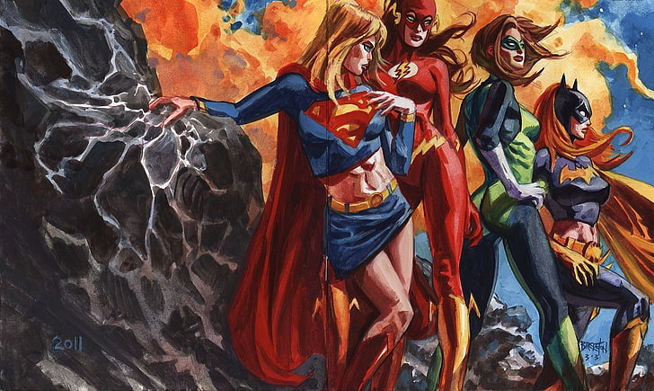 four DC Super Heroes illustration, Comics, Justice League, Batgirl, DC Comics, Flash, Green Lantern, Supergirl, HD wallpaper