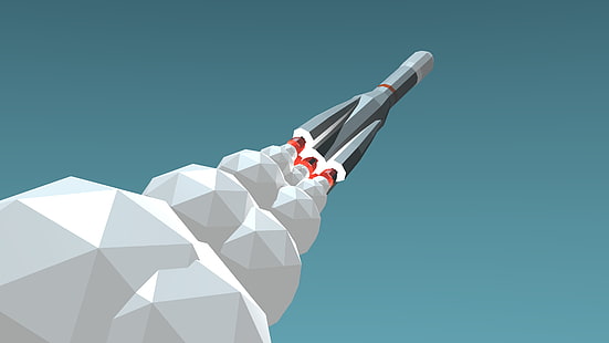 grå raket fartyg vektorkonst, blå bakgrund, raket, låg poly, minimalism, rymdskepp, rök, Soyuz, R-7, HD tapet HD wallpaper