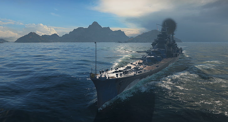 World of Warships, barco, montanhas, mar, HD papel de parede