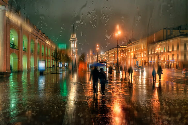 Санкт-Петербург, Невский проспект, мужчина и женщина гуляют с зонтиком, Санкт-Петербург, Невский проспект, ноябрь, осень, дождь, HD обои