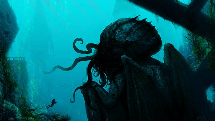 H. P. Lovecraft, underwater, divers, creature, horror, Cthulhu, artwork, HD wallpaper