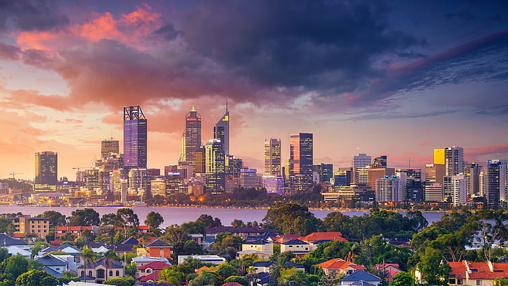 perth, stadtbild, australien, skyline, westaustralien, wolkenkratzer, HD-Hintergrundbild