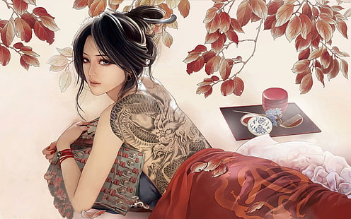 Geisha moderna, tatuaggio posteriore drago nero e grigio, fantasia, 1920x1200, donna, geisha, tatuaggio, Sfondo HD HD wallpaper