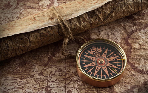 runder goldfarbener Kompass, Retro, Tapete, Karte, Kompass, Schnur, HD-Hintergrundbild HD wallpaper