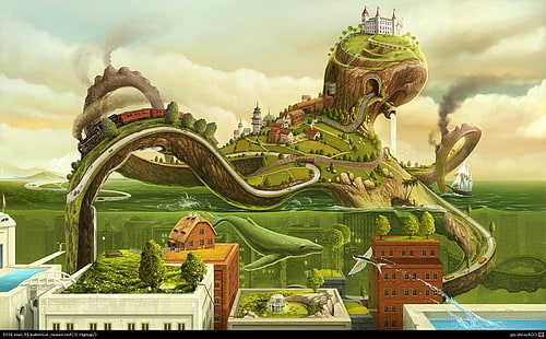 sztuka fantasy surrealistyczna ośmiornica wieloryb grafika zamek podzielony widok lokomotywa parowa zatopione miasta ryba dym statek droga, Tapety HD HD wallpaper