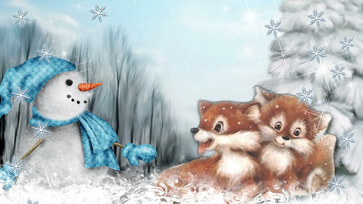 Foxy Winter Friends, snowflkaes, snowflakes, whimsical, brand thunder, happy, cold, trees, snowman, snow, sweet, pups, HD wallpaper