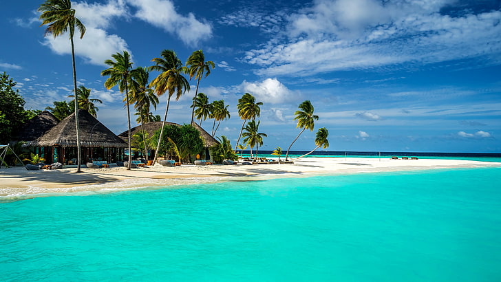 отпуск, Индийский океан, дневное время, пальмы, пальма, праздник, Мальдивы, Халавели, курортный город, туризм, лагуна, тропики, берег, остров, тропический пейзаж, курорт, океан, пальма, море, лето, небо, тропический пляж, HD обои