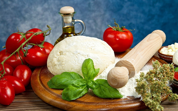 rolling pin and bunch of tomatoes, dough, flour, rolling pin, tomatoes, branch, oil, HD wallpaper
