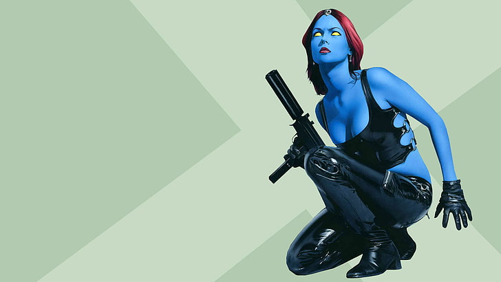 red-haired female character holding gun digital wallpaper, Mystique, superheroines, cleavage, HD wallpaper