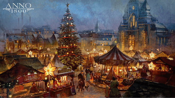 Anno 1800, 1800s, digital art, concept art, artwork, Ubisoft, Christmas, Christmas market, Christmas Tree, carousel, christmas lights, markets, HD wallpaper