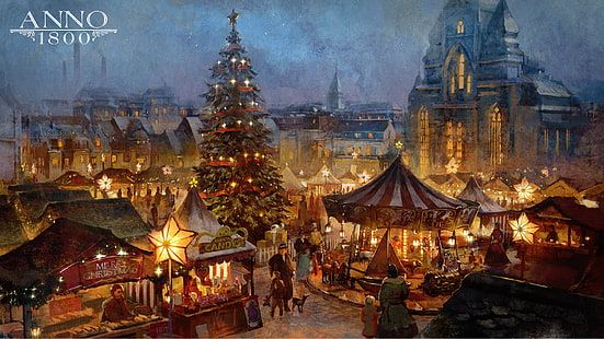 Anno 1800, 1800s, arte digitale, concept art, opere d'arte, Ubisoft, Natale, mercatino di Natale, albero di Natale, giostra, luci natalizie, mercati, Sfondo HD HD wallpaper