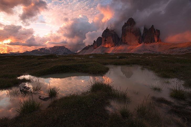 clouds, grass, Italy, landscape, mountains, nature, pond, sky, sunlight, sunset, HD wallpaper