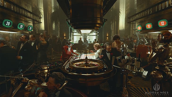 Тим Разумовски, произведение на изкуството, научна фантастика, ретро научна фантастика, жени, мъже, роботи, машина, воден знак, HD тапет