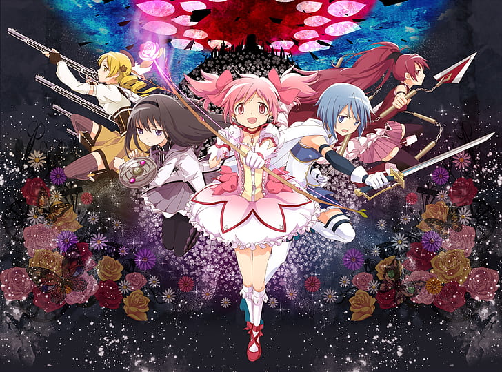 أنيمي ، Puella Magi Madoka Magica ، و Homura Akemi ، و Kyōko Sakura ، و Madoka Kaname ، و Mami Tomoe ، و Sayaka Miki، خلفية HD