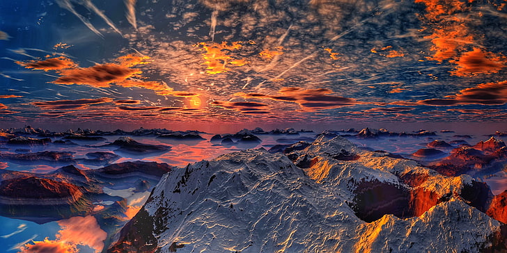 the sky, clouds, snow, sunset, mountains, High Emotions, HD wallpaper