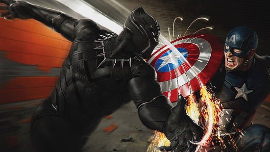 Marvel Cinematic Universe, Capitán América: Guerra Civil, Pantera Negra, superhéroe, obra de arte, Capitán América, Marvel Comics, Fondo de pantalla HD HD wallpaper