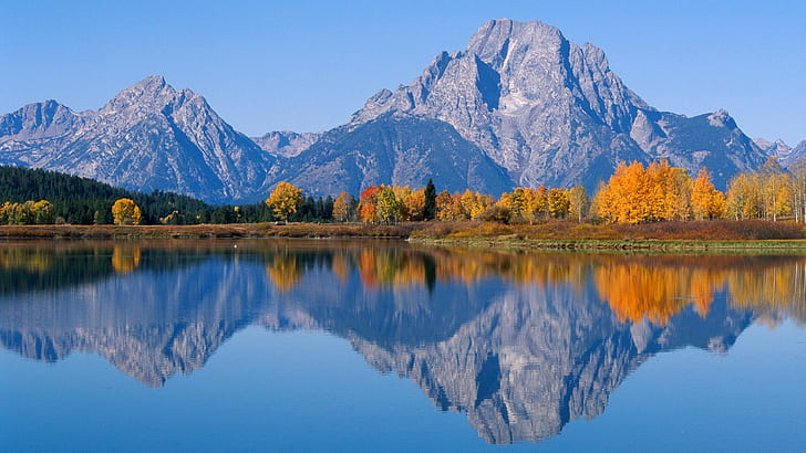krajobraz, jesień, Grand Teton National Park, Wyoming, rzeka, góry, Tapety HD