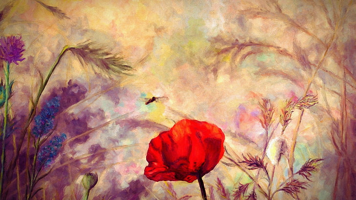 red and yellow floral textile, painting, nature, flowers, poppies, thistles, HD wallpaper