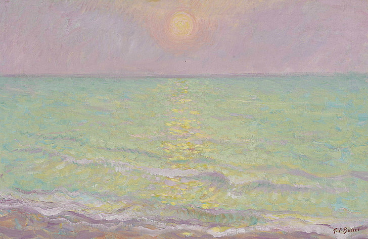 deniz, güneş, yansıma, boya, resim, deniz manzarası, Theodore Earl Butler, His-Mar, Veules-les-Roses'de Gün Batımı, HD masaüstü duvar kağıdı