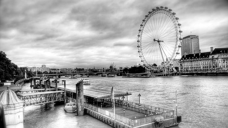 The London Eye On The Thames Hdr, greyscale photography of london eye, ferris wheel, river, black and white, city, nature and landscapes, HD wallpaper