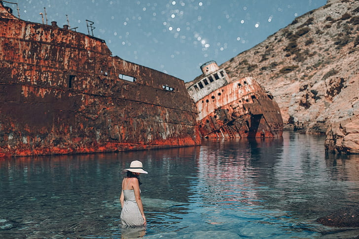 sea, girl, the situation, Greece, shipwreck, The Aegean sea, Aegean Sea, The Island Of Amorgos, rusty ships, Amorgos Island, HD wallpaper