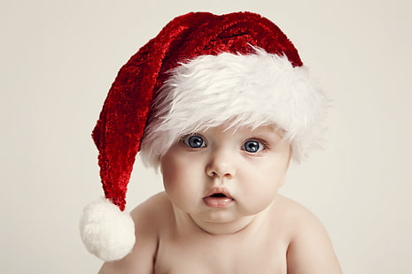 قبعة بابا نويل باللونين الأحمر والأبيض للأطفال ، رأس السنة الجديدة ، طفل ، سعيد ، طفل ، طفل سعيد ، طفل سعيد ، عيون زرقاء كبيرة وجميلة ، عيون زرقاء كبيرة جميلة ، عيد ميلاد سعيد ، استمتع بقبعة عيد الميلاد ، مرحة رائعة ، مرحة ساحرة، خلفية HD HD wallpaper