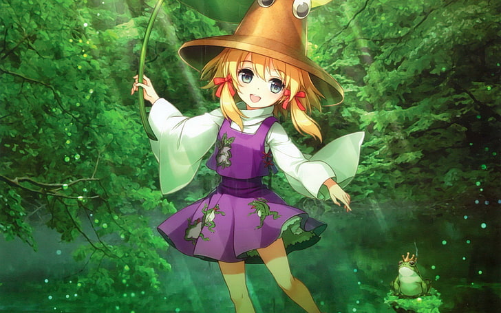 an2a, animals, anime, blondes, bows, clothes, crows, dress, eyes, frogs, games, girls, green, hair, hats, japanese, leaves, moriya, mouth, nature, open, ornaments, purple, reflections, short, skirts, smiling, sunlight, suwako, touhou, trees, twintails, video, water, wide, HD wallpaper