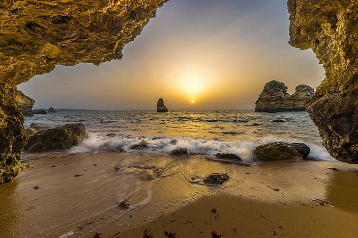 Natur, Landschaft, Höhle, Strand, Rock, Meer, Sand, Horizont, Portugal, HD-Hintergrundbild