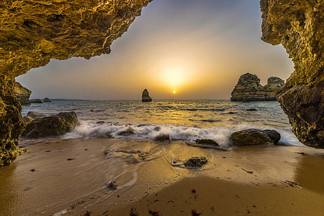 природа, пейзаж, пещера, пляж, скалы, море, песок, горизонт, Португалия, HD обои HD wallpaper