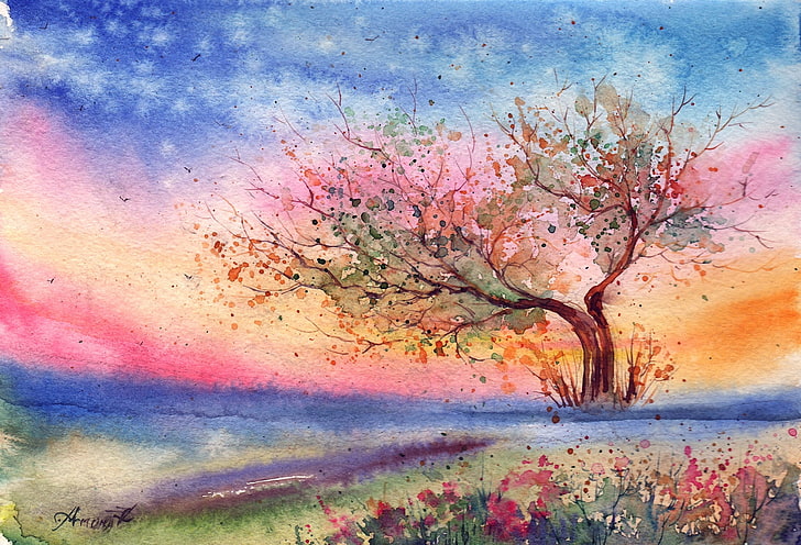 pintura em tela de árvore de folhas verdes, grama, flores, árvore, o vento, a noite, aquarela, paisagem pintada, HD papel de parede