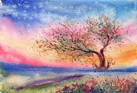платно картина на зеленолистно дърво, трева, цветя, дърво, вятър, вечер, акварел, рисуван пейзаж, HD тапет HD wallpaper