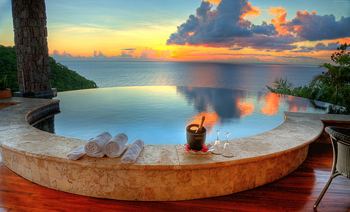 resort, Saint Lucia, sunrise, ocean, tourism, The best hotel pools 2017, travel, sky, pool, sunset, vacation, Jade Mountain Resort, clouds, HD wallpaper HD wallpaper
