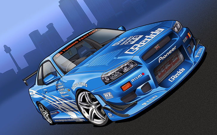 Nissan Skyline GT-R, artwork, blue cars, vehicle, cityscape, Nissan, car, HD wallpaper