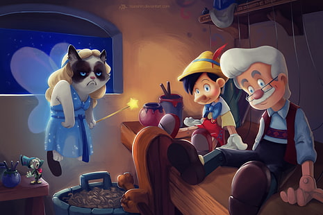 Umorismo, Film, Gepetto, Grumpy Cat, Pinocchio, Sfondo HD HD wallpaper