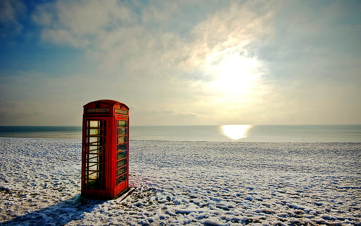 Телефонная будка, пейзаж, пляж, телефонная будка, 3d и аннотация, HD обои