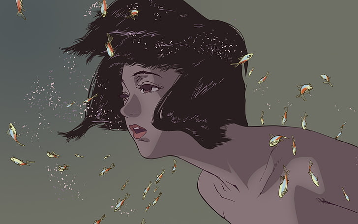 черна коса илюстрация на жена, аниме момичета, Perfect Blue, аниме, риба, под вода, HD тапет