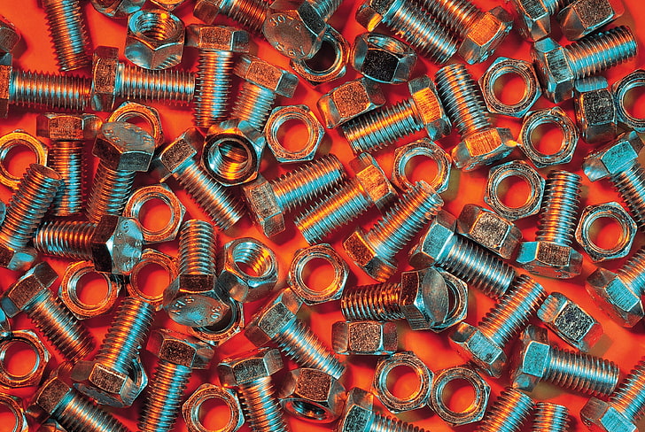 gray nuts and bolts, nuts, bolts, metal, orange background, HD wallpaper
